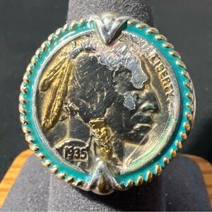 BGE Indian Head Nickel Ring 1935 Buffalo Coin Silver Tone Band Sz 9.5